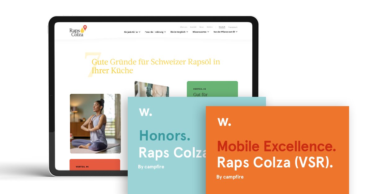 campfireCH's tweet photo. Wir legen weniger Wert auf #Awards, als auf #UserExperience und #Websites mit Impact. Aber diese Awwwards für das #Redesign von Raps Colza (VSR) freuen uns doch, schliesslich helfen #Pagespeed und eine optimale #MobileExperience genau diese Ziele zu erreichen. https://t.co/K6NWWnFSYh