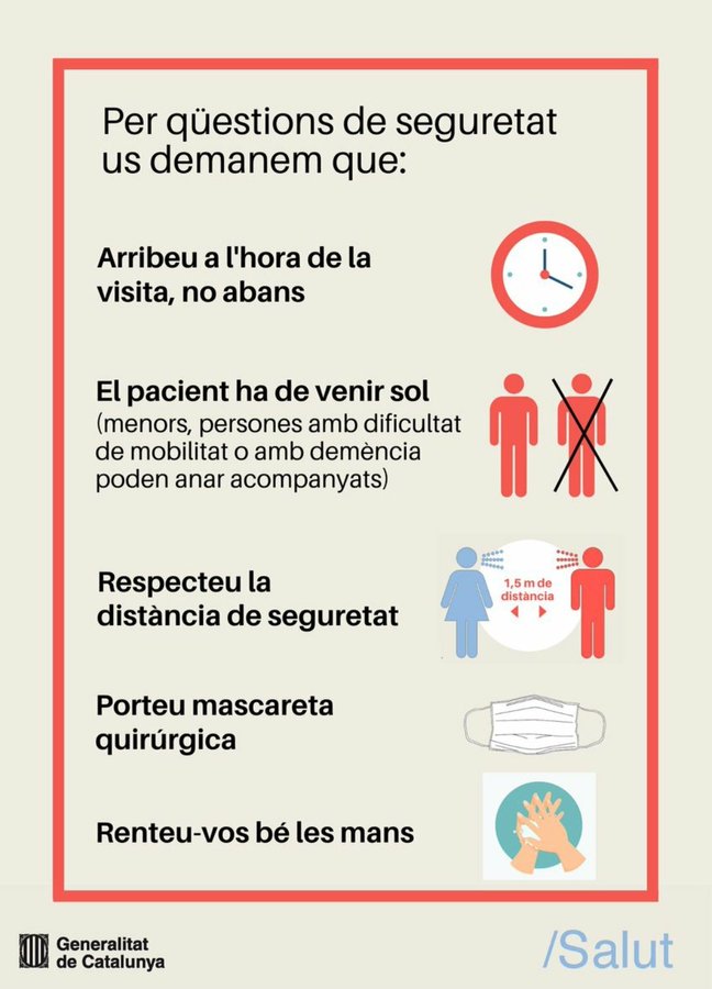 ICS. Generalitat (@icscat) on Twitter photo Tens visita al #CAP o a l’#hospital? Recorda: 
😷 Porta la mascareta.
🙌🏻 Renta't les mans sovint.
↔️ Respecta la distància de seguretat. 
⏰ No arribis abans de l'hora. 
🚶🏼♀️ Vine sense acompanyant, si no és imprescindible. 
#Avancem Tens visita al #CAP o a l’#hospital? Recorda: 
😷 Porta la mascareta.
🙌🏻 Renta't les mans sovint.
↔️ Respecta la distància de seguretat. 
⏰ No arribis abans de l'hora. 
🚶🏼♀️ Vine sense acompanyant, si no és imprescindible. 
#Avancem