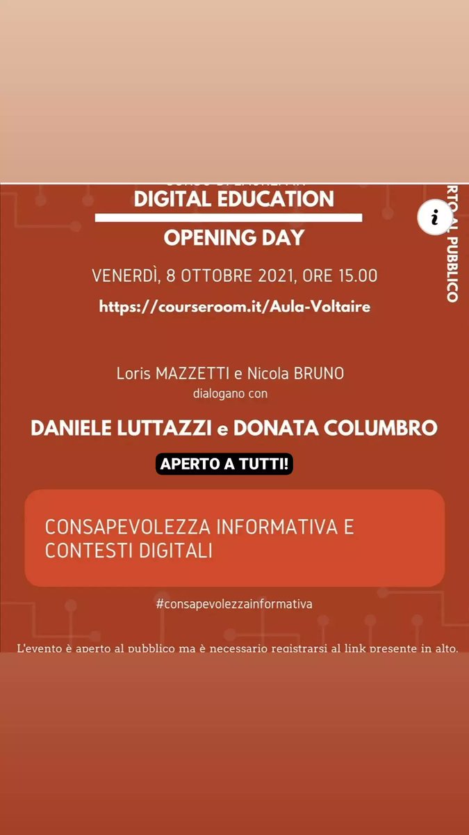 Laurea_Digital's tweet photo. Il Corso di Laurea in Digital Education inaugura il proprio anno accademico affrontando questo tema con DANIELE LUTTAZZI e DONATA COLUMBRO che dialogano con LORIS MAZZETTI e NICOLA BRUNO.
Venerdì 8 Ottobre, ore 15.00
Online su: https://t.co/VPrECfxIrN
#consapevolezzainformativa https://t.co/abeqJ0wPox
