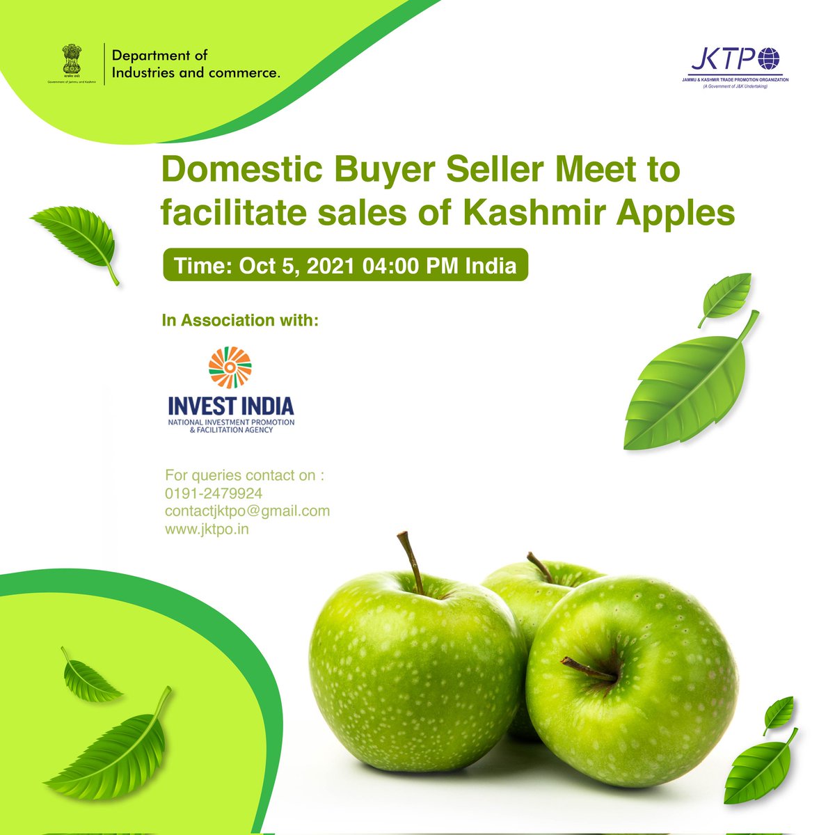 #JKTPO in collaboration with <a href="/investindia/">Invest India</a> shall hold a domestic Buyer-Seller meet on Oct 5,2021 to facilitate sales of Kashmiri apples through import substitution.The meet shall be organised in wake of apple harvesting season with an aim to uplift J&amp;K's economy.

<a href="/diprjk/">Information & PR, J&K</a>