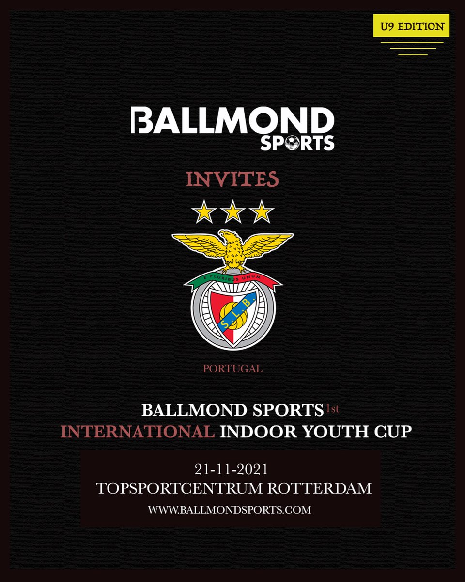 Hierbij presenteren wij de 2e club die deelname aan het ‘Ballmond Sports 1st International Indoor Youth Cup’ heeft toegezegd! 🙌🏽👏🏼😊
Helemaal vanuit Portugal zullen wij <a href="/SLBenfica/">SL Benfica</a> O9 op zondag 21 November met open armen ontvangen in het Topsportcentrum Rotterdam!😍
⚽️