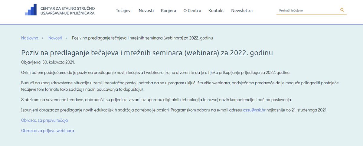 ZKD_cro's tweet photo. CSSU - Poziv na predlaganje tečajeva i mrežnih seminara (webinara) za 2022. godinu!

Ispunjeni obrazac potrebno je poslati Programskom odboru na e-mail adresu cssu@nsk.hr najkasnije do 21. studenoga 2021.
Više informacija ⬇
https://t.co/d5BZcRHVR9

#CSSU #ZKDrustvo https://t.co/JmNYruKTXy