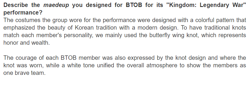 btob_info's tweet photo. Kim Jeongsun, a traditional knot designer shares the story behind her knot design for BTOB costumes performance on Kingdom.

https://t.co/GRSWbbO7Mz 

@OFFICIALBTOB #BTOB #비투비 https://t.co/UpdzMEjyPn