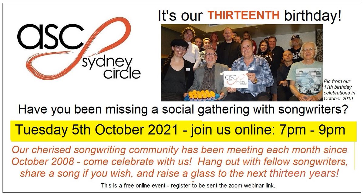 ASCSydneyCircle's tweet photo. Can you believe our #songwriting community is turning 13 this month?!!? Come celebrate with us at tonight's #ASCSydneyCircle Seclusion Social! It kicks off at 7pm and is free for Members and Non-Members alike. Register here: https://t.co/UN32kWHU2I
More: https://t.co/VqNPJ0k6xI https://t.co/qv9sabcAnU