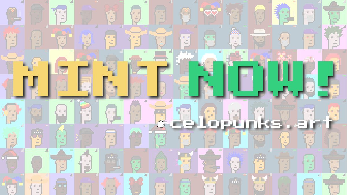 InfinityGems07's tweet image. 🥳🥳 #CeloPunks are finally available! 🥳🥳

The first and original #Punks to launch on the #Celo blockchain!

Mint yours now for 15 $CELO and earn 2% lifetime royalty on any sale of your minted #Celopunk! 

#NFT #launch @CeloOrg #NFTshill #NFTGiveaway #NFTCommunity #nftsolana