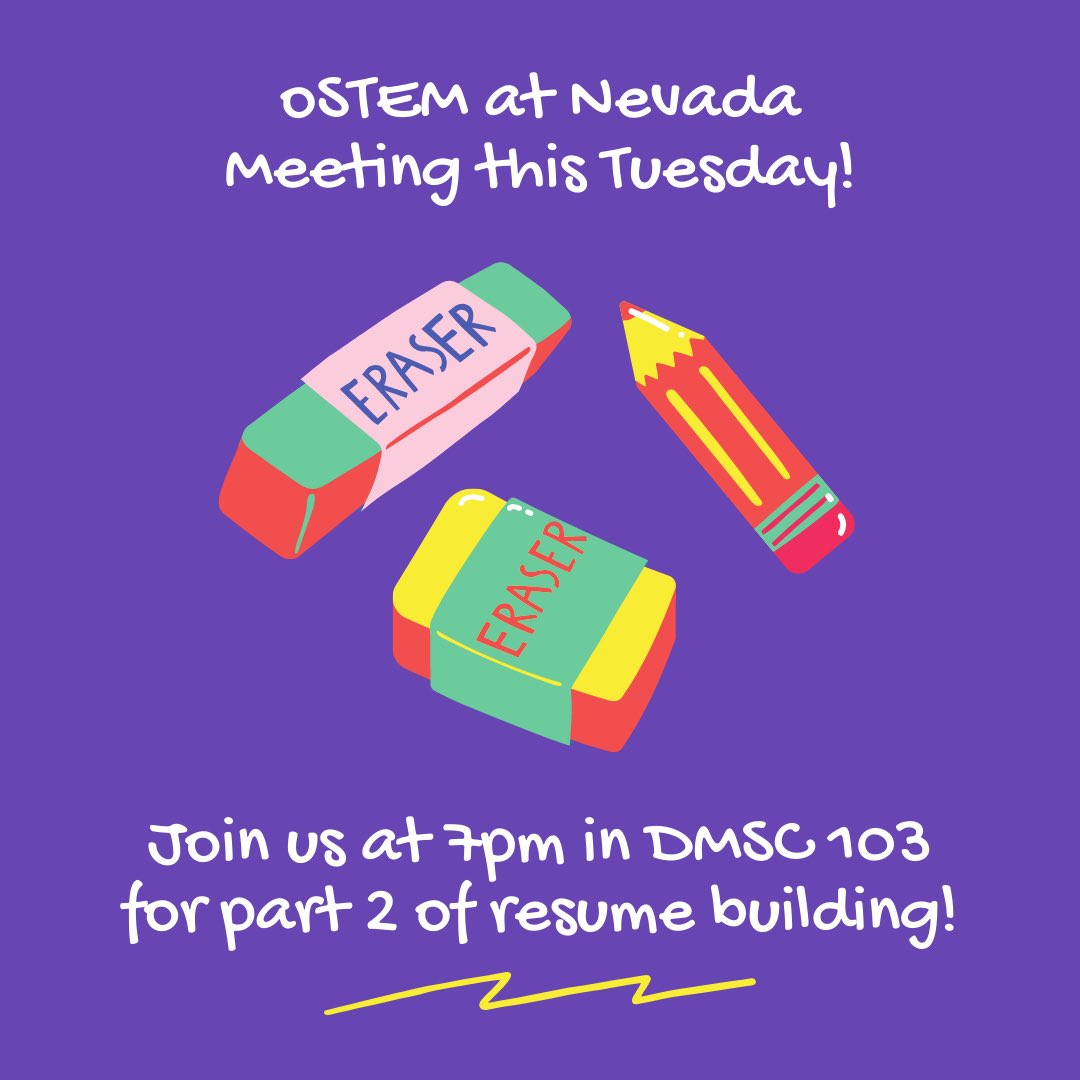 oSTEMNevada's tweet photo. Hi all! Join us tomorrow (10/5) for part 2 of resume building. The Career Studio will be in to run a resume workshop for us. See you there! https://t.co/tj0iT3E23d