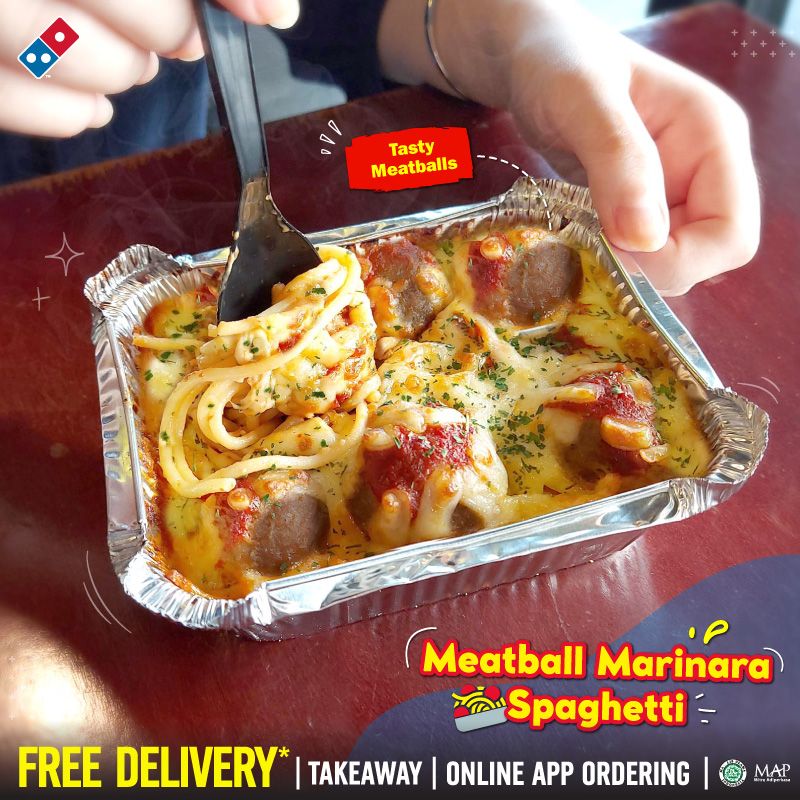 dominos_id's tweet photo. 'Meatball Marinara Spaghetti" Cita rasa spaghetti yang Saucy, Cheesy &amp; Meatty. Pokoke Puas Polllll 

Harganya CUMA 30rb. Pas dikantong, Puas diperut so buruan  #orderonline https://t.co/Oy9vosyy8Y #call 1500366 #zerocontacttakeaway #zerocontactdelivery https://t.co/j8wkkXXb1g