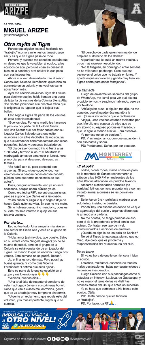 Columna Arizpe…

- Ahora a Tigres llega una queja de vecinos de Carlos Salcedo pidiendo que le exijan que ya no haga sus pachangas.
- “Él los mandó a la ver…(dura) y se enojaron más”, me dijo una vecina, amiga mía 😍.
- Tengo el chat de vecinos.

Da RT a la columna, porfa 🙏