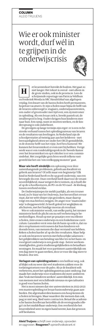 Wie er ook minister wordt, durf wél in te grijpen in de onderwijscrisis! 
volkskrant.nl/a-b5eff883
#onderwijs #lerarentekort