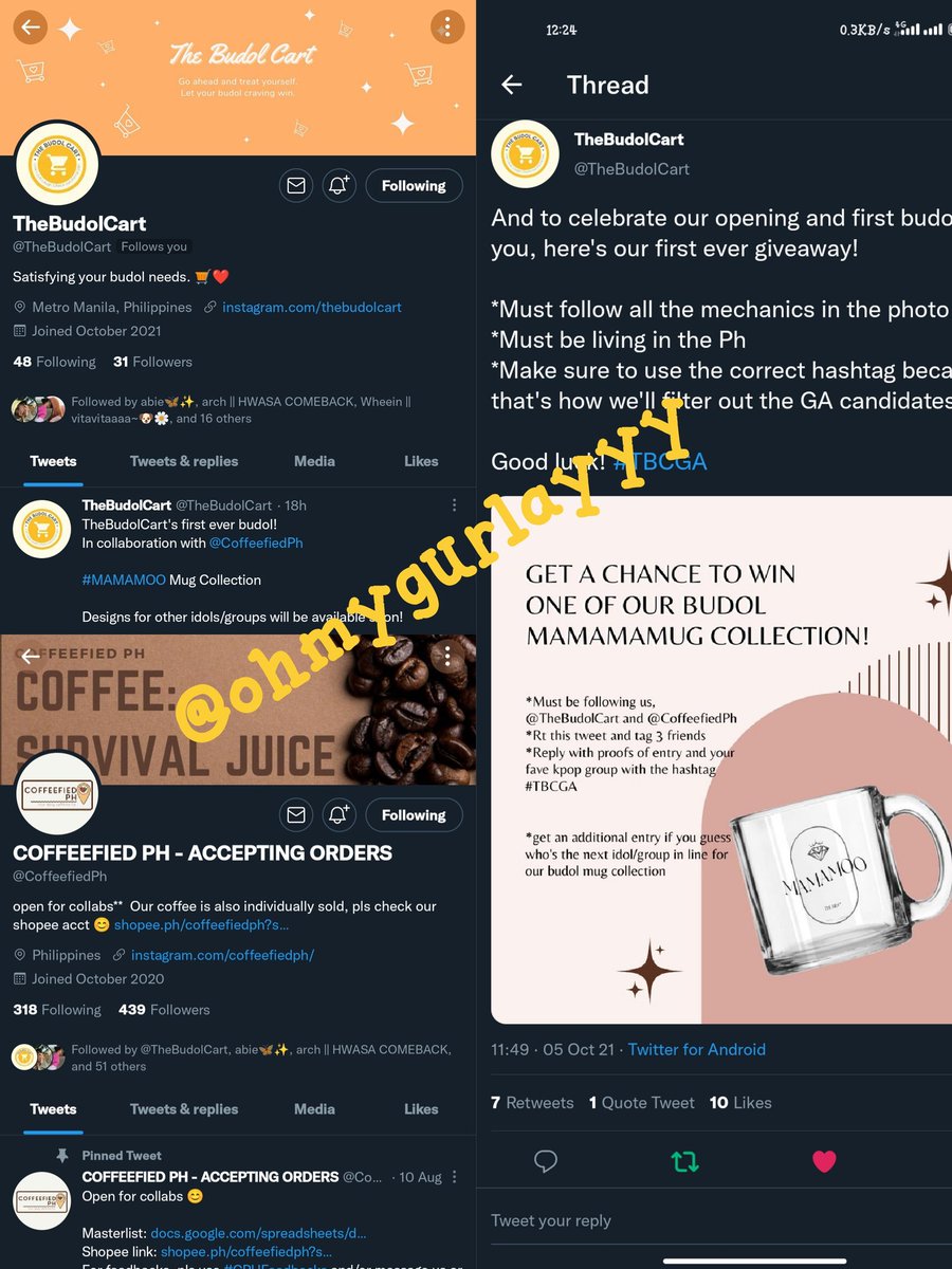 ohmygurlayyy's tweet photo. @TheBudolCart #TBCGA
Thank you po for this GA! <3
My fave kpop group is MAMAMOO π
My guesses for the next idol/group is either Red Velvet, Purple Kiss or BTS.
β¨ @_arteanna @moodleki @solarssiddun https://t.co/w20lNmncCf