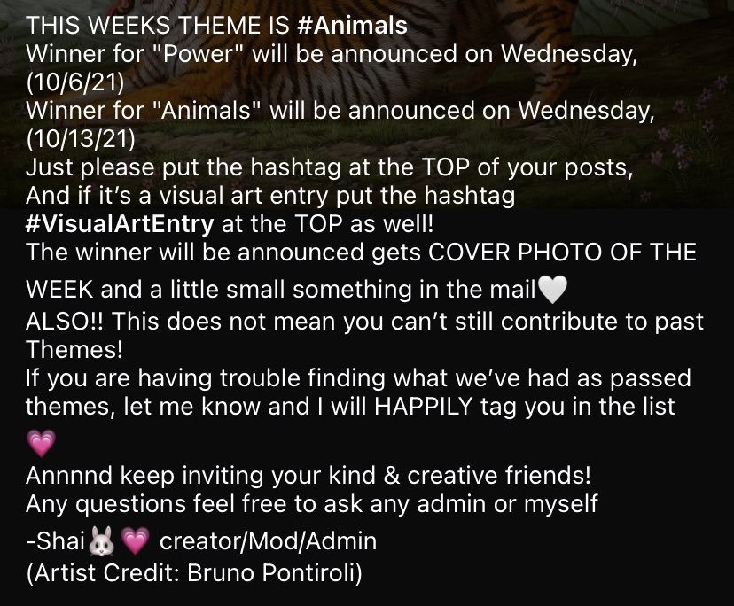 PShmoetry's tweet photo. This weeks theme is “Animals”,
So if you have (or are inspired to create) any art or poetry fitting to this theme…
Then click the link in our bio and join our kind, creative and supportive community!

#animal #animals #poetryshmoetry #theme #poetry #art #poetrycommunity #artwork https://t.co/xrCVTBxazR