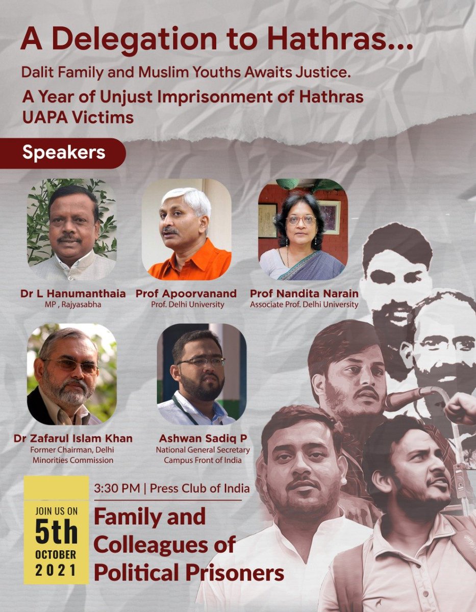 CampusFrontInd's tweet photo. Campus Front of India National General Secretary Ashwan Sadiq P will be participating Program
 'A Delegation to Hathras...' 
Dalit family and Muslim youths awaits justice.

#OneYearofHathrasConspiracy

Today 3:30 PM
Press Club of India, 
New Delhi https://t.co/06NkpoHJDW