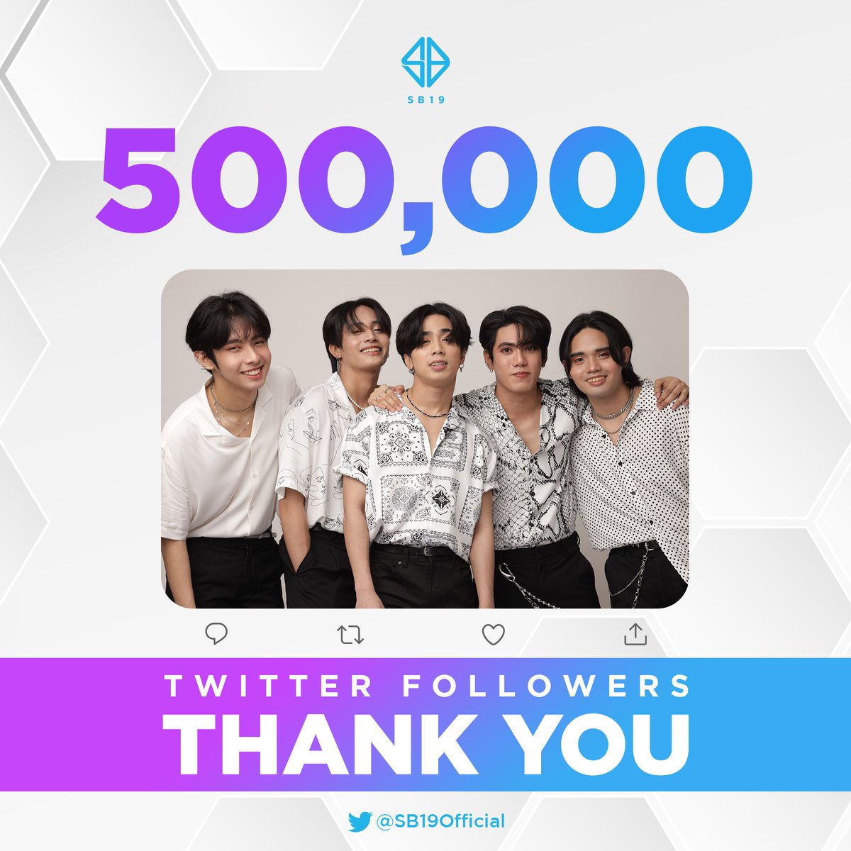 🎉 #SB19Twitter500KFollowers

Thank you so much for 500K Twitter Followers! ✨

We love you all💙