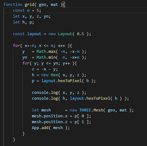 SketchpunkLabs's tweet photo. Took awhile to figure how to generate the grid from "Axial" coordinates explained by redblobgames. I was able to hack together something from his JS example of Hex, Layout, Orientation objects. Next is instancing hexagons & use cubic noise to set height from shader in #therejs https://t.co/ur4dcacBWY