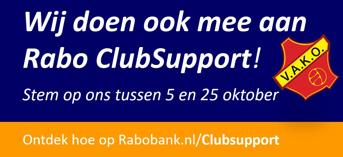 Geef VAKO je stem bij Rabo ClubSupport! Onze kantine is te klein om alle teams een plek te geven. Daarom willen we onze kantine uitbreiden en vragen daarvoor jouw stem en de steun van Rabo ClubSupport. Lees er meer over en hoe je op VAKO kunt stemmen op vakovoetbal.nl/nieuws/1046-ge…