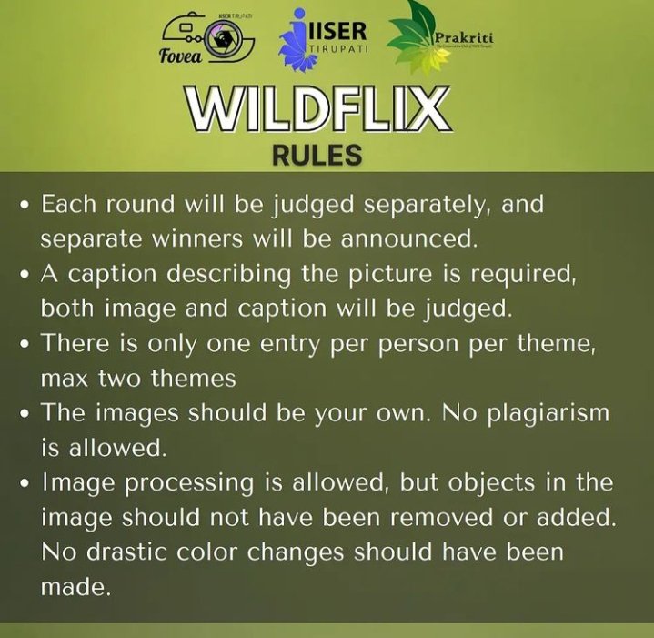 PrakritiIiser's tweet image. We #Prakriti along with #Fovea is celebrating wildlife week.
From 3 to 10 October 2021.
We are organising a photography competition "#Wildflix" to showcase #nature at its best moments. So, to show your enthusiasm bring out the best photos captured from a phone or camera. 1/2