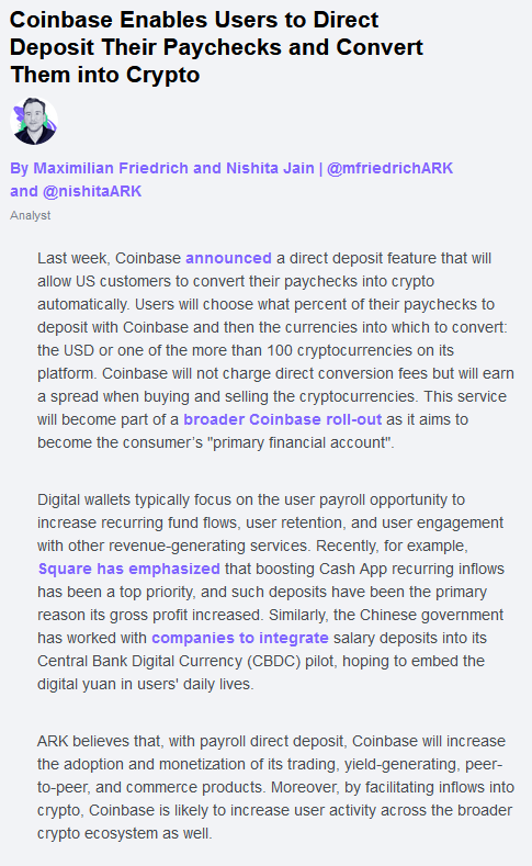 ArkTickers's tweet photo. Coinbase Enables Users to Direct Deposit Their Paychecks and Convert Them into Crypto - Maximilian Friedrich @mfriedrichARK and Nishita Jain @nishitaARK @ARKInvest $COIN https://t.co/9gKbMI8XxU