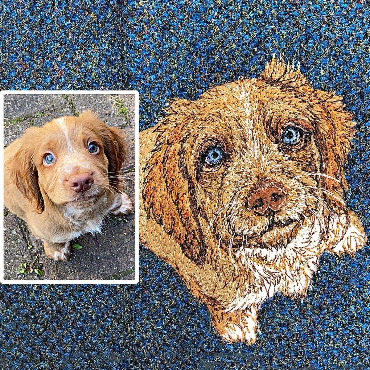 Puppy love 😍💕 
Free motion embroidered pet portrait glasses case made with rich blue Harris Tweed #Earlybiz #harristweed ow.ly/8Ecm50GlgB5