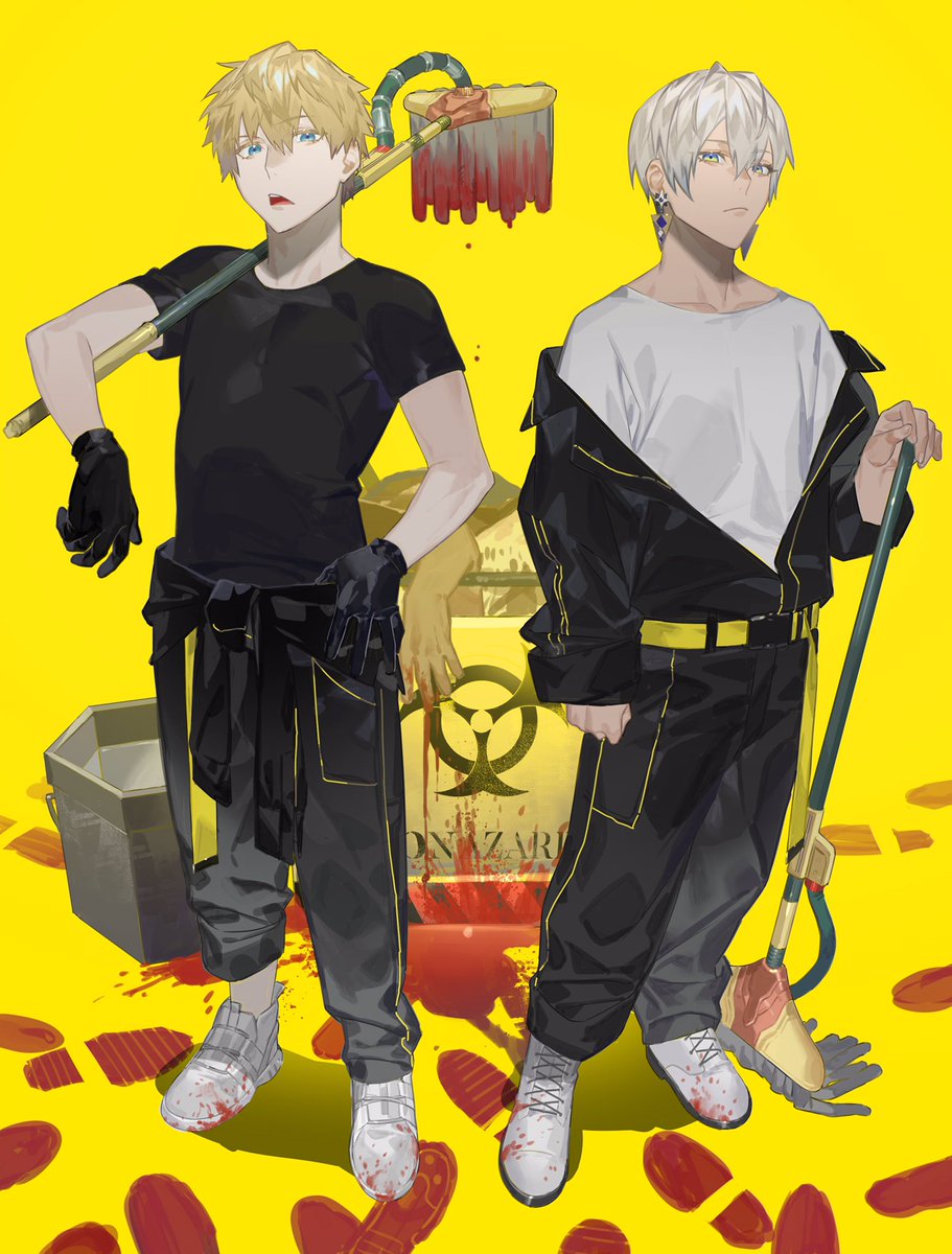 multiple boys yellow background shirt 2boys gloves blonde hair pants  illustration images