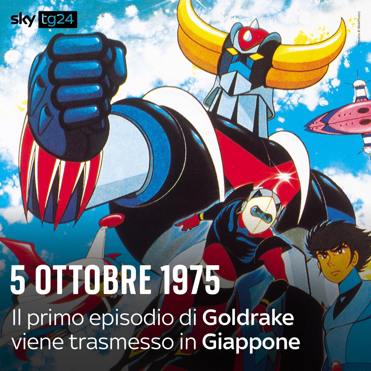 SkyTG24's tweet photo. Il #5ottobre 1975 faceva il proprio esordio televisivo "UFO Robot #Goldrake", anime cult della Toei Animation basato sul celebre manga del maestro Gō Nagai https://t.co/gYFvjnWAFq