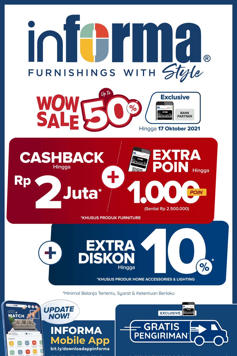 Informa_PI's tweet photo. Spesial selama periode INFORMA WOW SALE up to 50%, Mulai dari CASHBACK HINGGA 2 JUTA + EXTRA HINGGA 1000 POIN untuk pembelian produk furniture INFORMA dan Diskon Spesial hingga 10% untuk pembelian produk Home Accessories &amp; Lighting. Periode promo hingga 17 Oktober 2021 🛒🛍 https://t.co/XBYAT64dOO