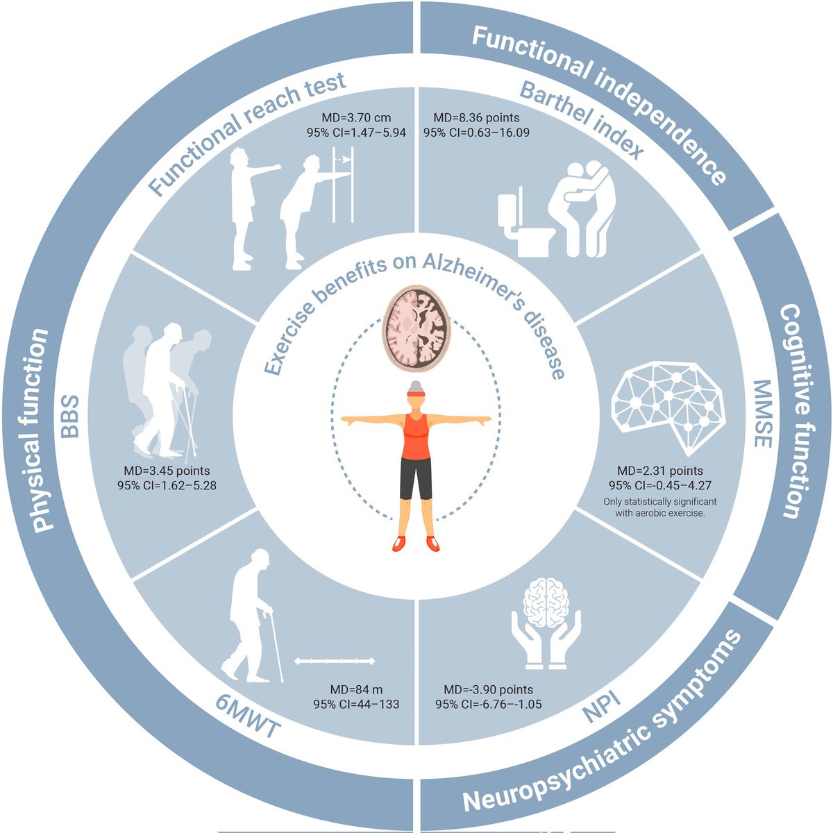 Our new study in Ageing Research Reviews! Exercise interventions improve functional independence, physical and cognitive performance, and neuropsychiatric symptoms in patients with #Alzheimer. Kudos to @SusanaLopeez97 for her excellent work. sciencedirect.com/science/articl…