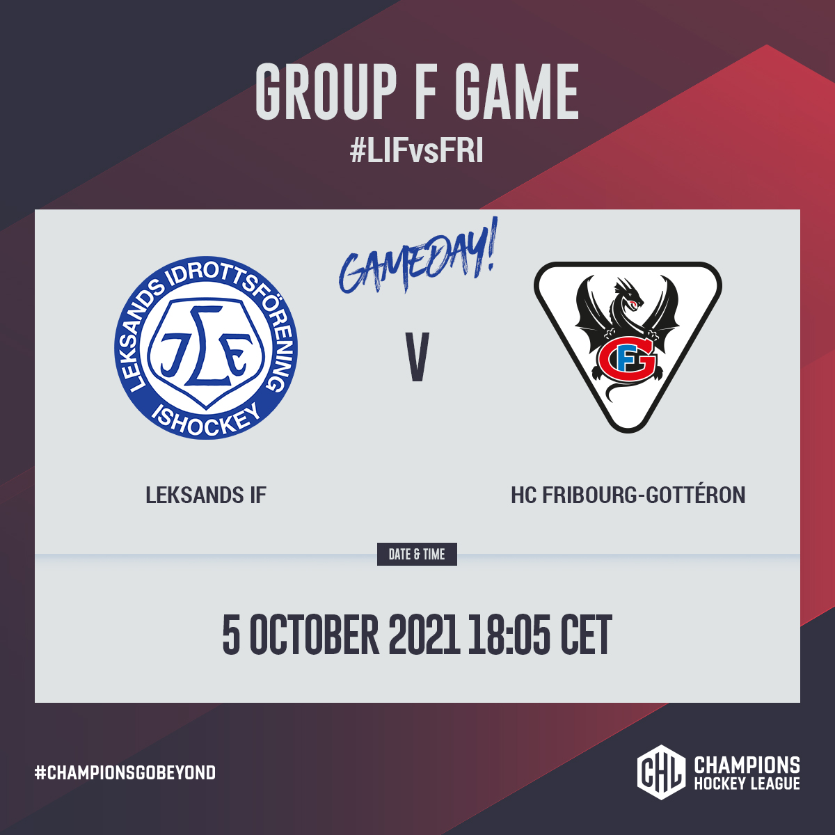 GAMEDAY!
🆚: HC Fribourg-Gottéron
🎟️: buff.ly/3c9dvI5
🕒: 18:05
📍: Tegera Arena
📺: SVT 2, SVT 24, SVT Play
<a href="/championshockey/">Champions Hockey League</a> 
#leksandsif #ChampionsGoBeyond
