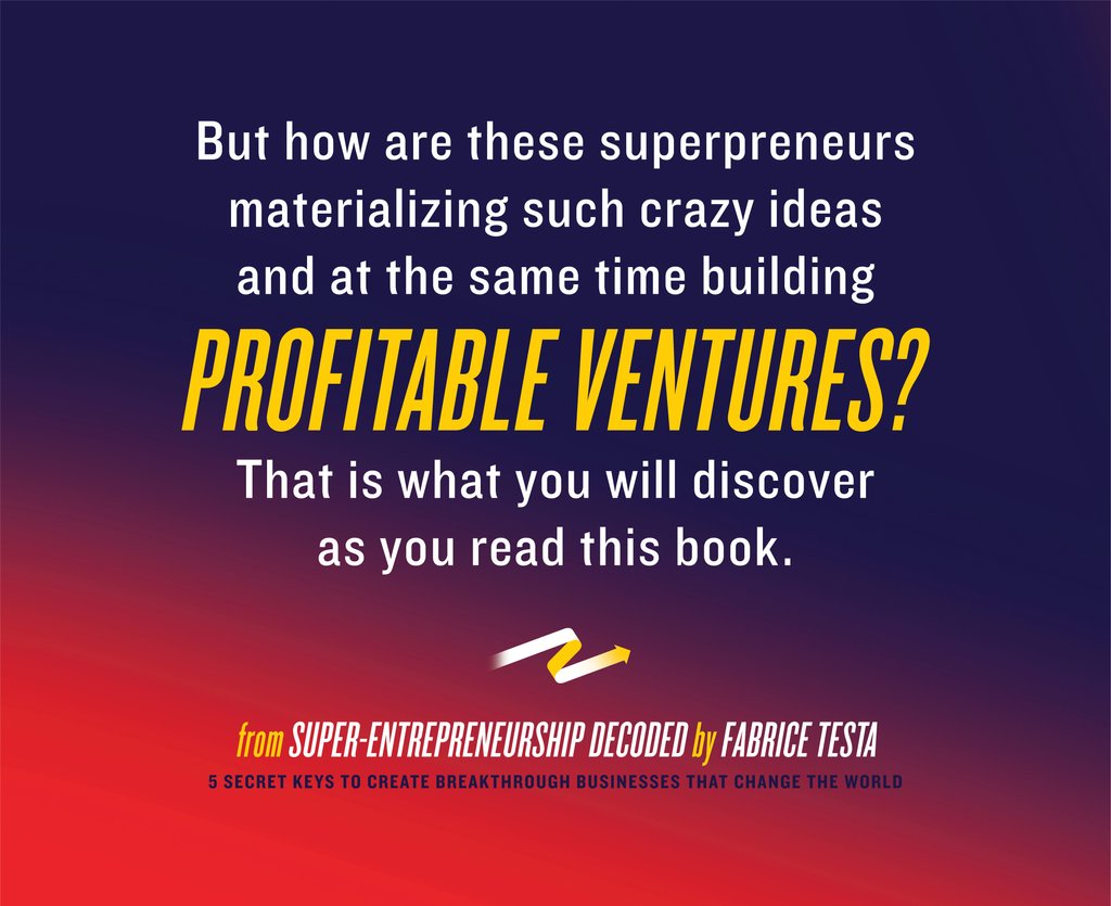 fabricetesta's tweet image. 🚀 But how are these #superpreneurs #materializing such #crazyideas and at the same time #building #profitable #ventures ?
⁠
📕 Read my book "Super-Entrepreneurship Decoded" [ geni.us/SuperEntrepren… ] which is #1 #Amazon #BestSeller ✨ to apply their #secrets !!
⁠
Fabrice ✌🏻⁠