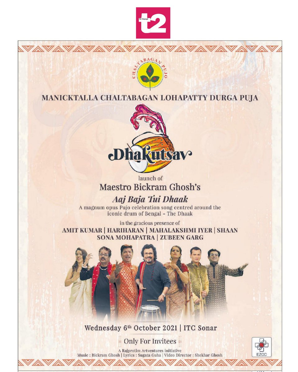 Today's feature on <a href="/t2telegraph/">t2</a>.
"Aaj Baja Tui Dhaak" releasing tomorrow.

<a href="/SingerHariharan/">Hariharan</a>
<a href="/Iyer_Maha/">Mahalakshmi Iyer</a>
<a href="/sonamohapatra/">Sona Mohapatra</a> <a href="/amitkumargangu1/">.amitkumarganguly81@</a>
<a href="/zubeengarg1/">Zubeen Garg</a> <a href="/singer_shaan/">Shaan</a> <a href="/Singer_kaushiki/">Kaushiki</a>
<a href="/srijato_speaks/">srijato</a>
#sugataguha <a href="/shekharghosh99/">kitu ghosh</a> 
<a href="/Rajprotimav/">Rajprotim Art Ventures</a>
#AajBajaTuiDhaak
#ReleasingTomorrow