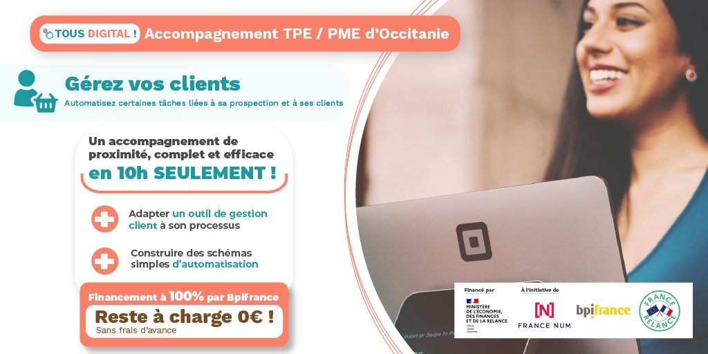 [#TransfoNum] TPE / PME d'#Occitanie, vous aimeriez améliorer la gestion de vos #clients ? 🤔
 
 💻  Apprenez à automatiser votre prospection avec le parcours "Gérez vos clients" de #TOUSDIGITAL! (<a href="/CoperBee/">CoperBee</a>, <a href="/dijinov/">Dijinov</a> , @CMAR_Occitanie )

👉  RDV sur zurl.co/PmJH