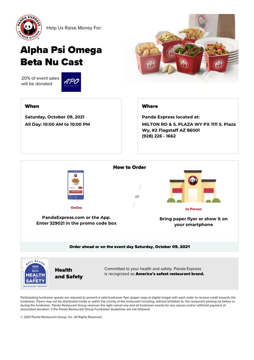 BetaNuAPO's tweet photo. We are holding a fundraiser this Saturday to raise funds for APO events this year! Support us by buying a meal from Panda Express this Saturday! Show this poster when you’re ordering in-person, or use the promo code 329021 if you’re ordering online/via the Panda Express app. 🥳✨ https://t.co/CEp5vts0jX