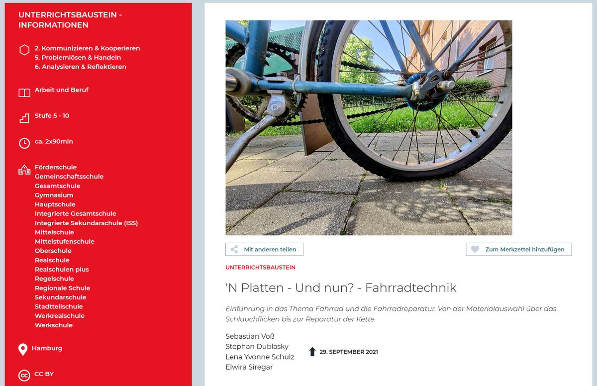 digilearninglab's tweet image. Heute möchten wir einen weiteren neuen digitalen Unterrichtsbaustein vorstellen. &quot;&apos;N Platten - Und nun? - Fahrradtechnik&quot;, entwickelt am @ItbhTuhh. SuS lernen mit digitalen Medien eine Einführung in das Thema Fahrrad und die Fahrradreparatur kennen.
digitallearninglab.de/unterrichtsbau…
#twlz