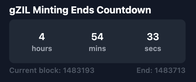 zilliqa's tweet photo. It's the final countdown! 🎵🎵

5 more hours to go

And then gZIL will be strictly scarce!

Remember to claim your rewards before minting ends and check @zilstream https://t.co/p2FqpYT7Sb for the countdown! https://t.co/m9vhaitFKW