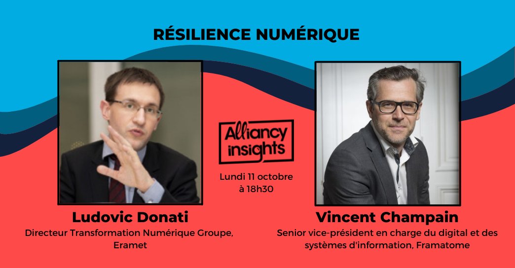 [Alliancy Insights] #RésilienceNumérique : Comment concilier dépendance accrue au numérique et résilience d’une organisation face aux nouveaux risque ?

🗣️ Nos grands témoins : <a href="/vchampain/">Vincent Champain</a> (<a href="/Framatome_/">Framatome</a>), <a href="/ludovic_donati/">Ludovic Donati</a> (<a href="/GroupeEramet/">Eramet</a>)

🗓️ 11/10 à 18h30

👉 alliancy.fr/insights-resil…