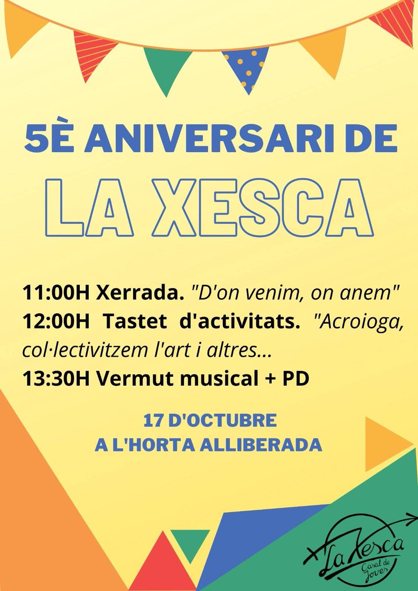 5è ANIVERSARI DE LA XESCA!🎉

🗯 11h XERRADA: D'ON VENIM? Amb membres dels inicis del casal i del moviment okupa de la ciutat des de fa més de 20 anys

👥 12h TASTET D'ACTIVITATS: Vols conèixer les activitats de La Xesca? 

🎶 13:30h VERMUT MUSICAL I PD

RESERVA LA DATA!!!
