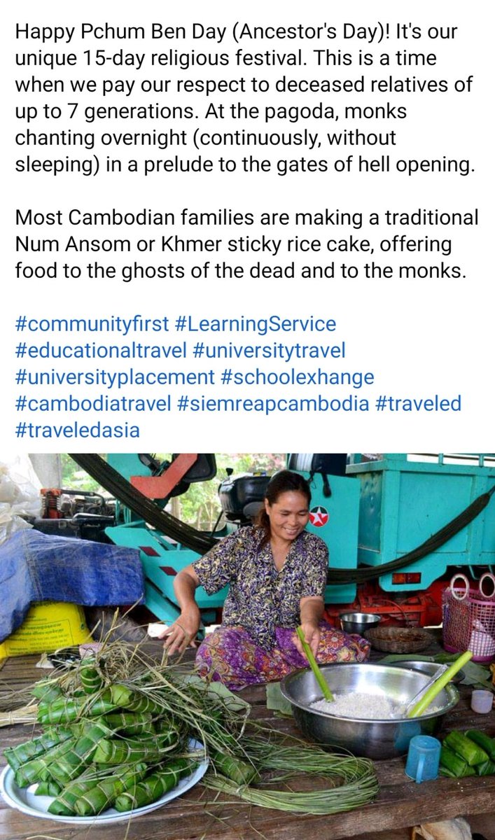 Happy Pchum Ben Day (Ancestor's Day)!

#communityfirst #LearningService #educationaltravel #universitytravel #universityplacement #schoolexhange #cambodiatravel #siemreapcambodia #traveled #traveledasia