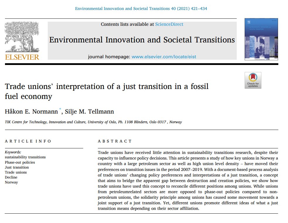 Great keynotes and questions at #IST2021 newcomers' session. I shared a paper on work-life and how trade unions in Norway relate to sustainability transitions and the concept of just transition from my colleagues @SiljeTell <a href="/hnormann/">Håkon E. Normann</a> <a href="/TIK_senteret/">UiO – TIK-senteret</a> sciencedirect.com/science/articl…