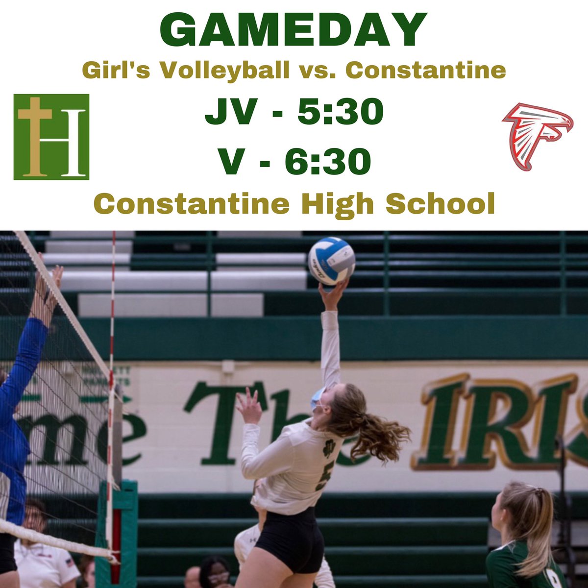 HCPIrishSports's tweet image. @hackettvball will be making the trip down to Falcon Country tonight for a doubleheader against Constantine. #GoIrish