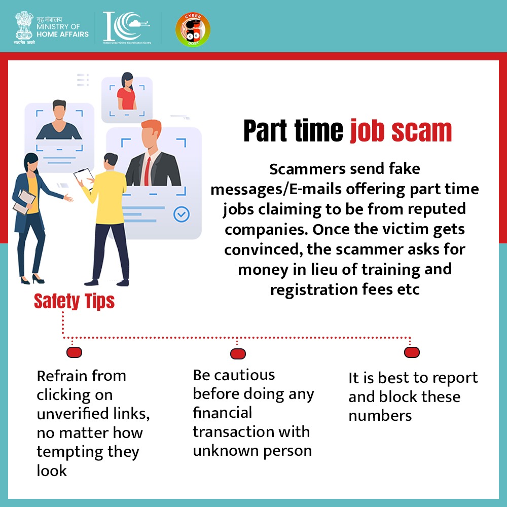Cyberdost's tweet photo. Beware of Part time job scam. #cybersafe #CyberSecMonth https://t.co/1tSYImDk0z