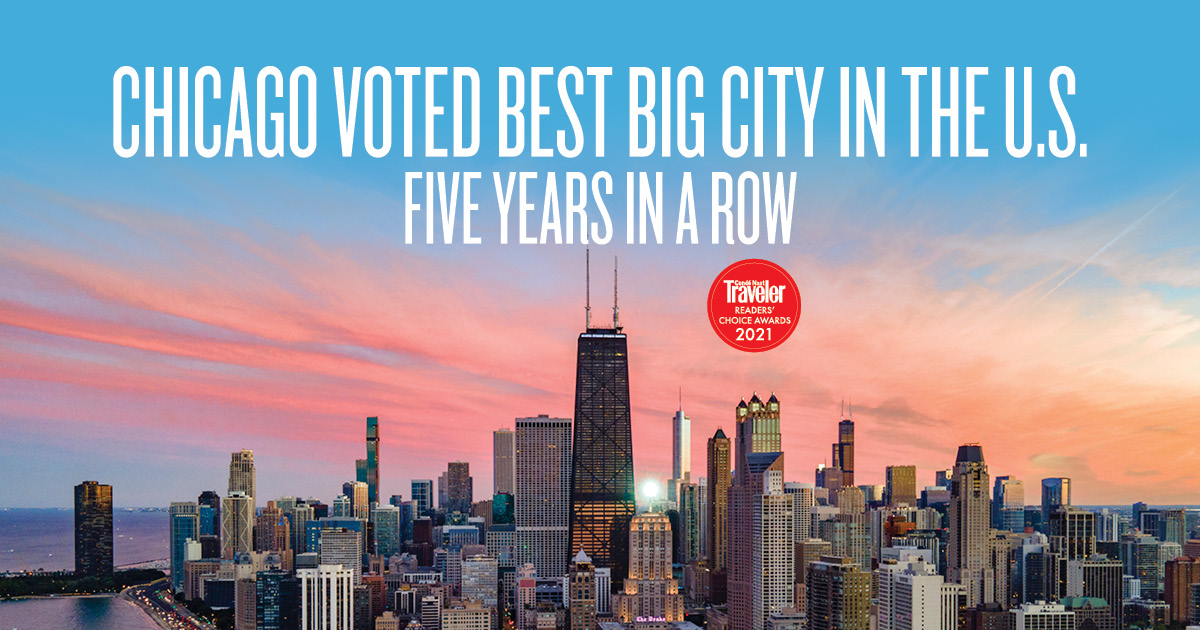 ChooseChicago's tweet photo. We did it—AGAIN! 🥇 Chicago was named Best Big City in the U.S. for an unprecedented 5th year straight in the 2021 @cntraveler Readers’ Choice Awards. 

Show your pride and share the news with #ChicagoBestBigCityx5!

#RCA2021 https://t.co/6XduhfCgH6 https://t.co/WuDhhLKldK