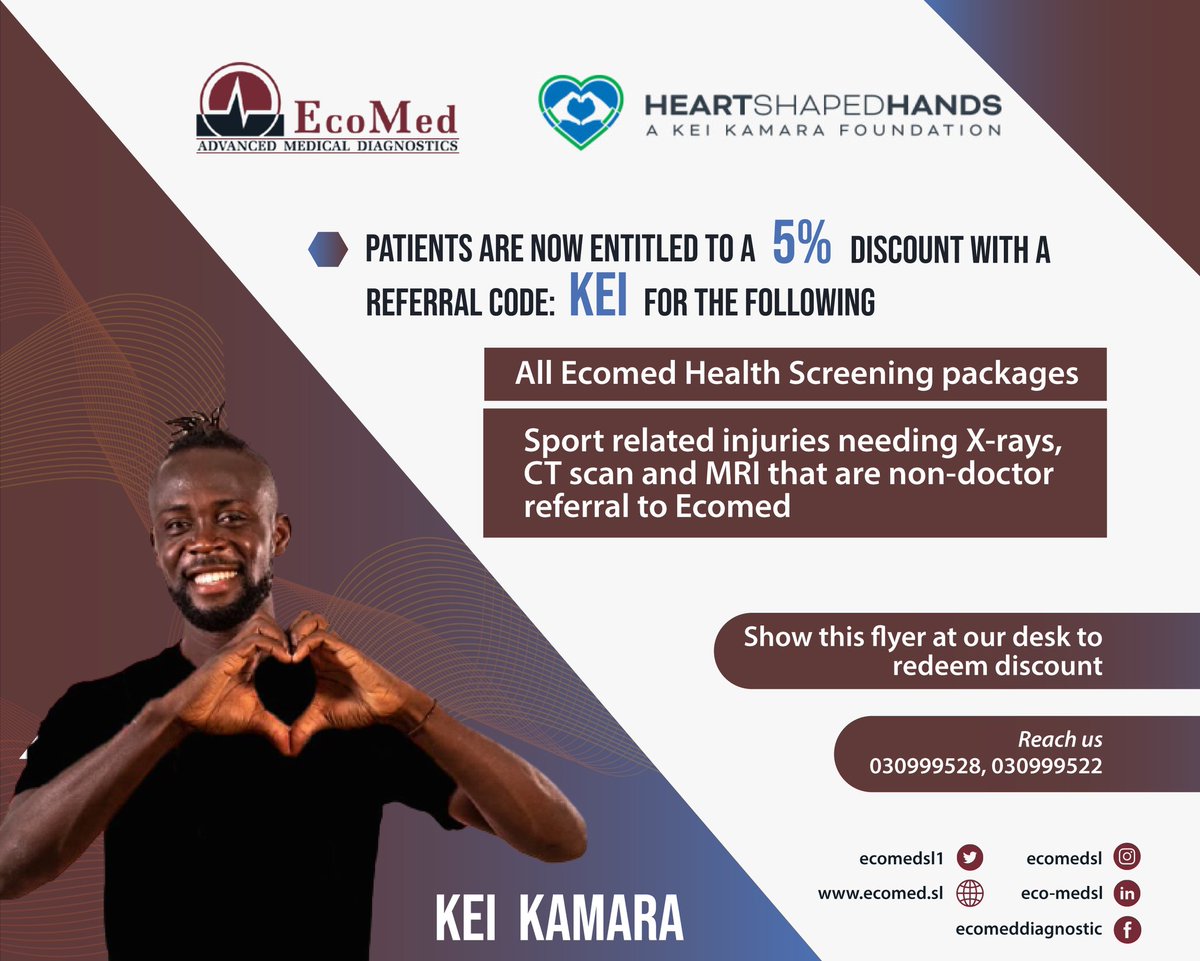 ecomedsl1's tweet photo. We are excited to bring this offer to YOU, in partnership with Kei Kamara @keikamara &amp; the Heart Shaped Hands foundation 🤍.

ALL Ecomed screening packages will now be available with a 5% discount. Amazing!

 #ChooseEcomed #KeiKamara #SaloneTwitter https://t.co/boV0TCXtRz