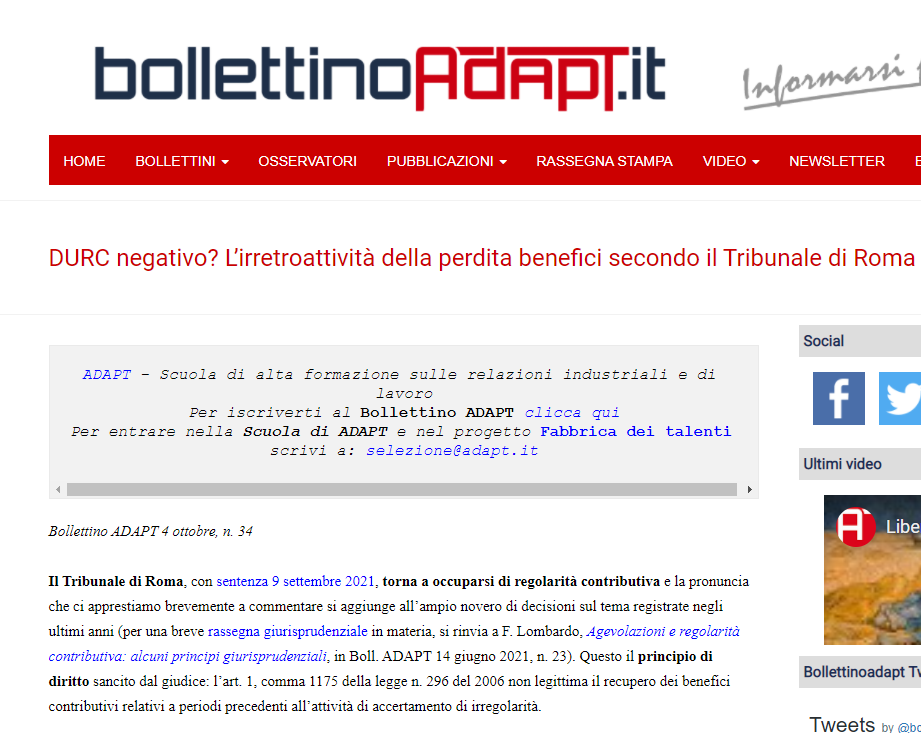 franc_lombardo's tweet photo. Su @bollettinoADAPT un mio commento a una recente sent. del Trib. Roma in tema #DURC. Dato l’enorme esborso economico per imprese ricorrenti e pubblica amministrazione per tali controversie, non si potrebbe rivedere il modo in cui essi vengono rilasciati? https://t.co/8N40phBjGK https://t.co/lE28ioxX6m