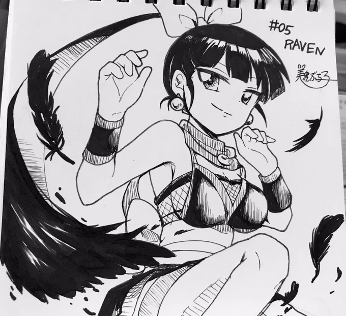 DAY 5 -RAVEN-漆黒に舞う#inktober2021#美濃ぶち子アナログ日記 