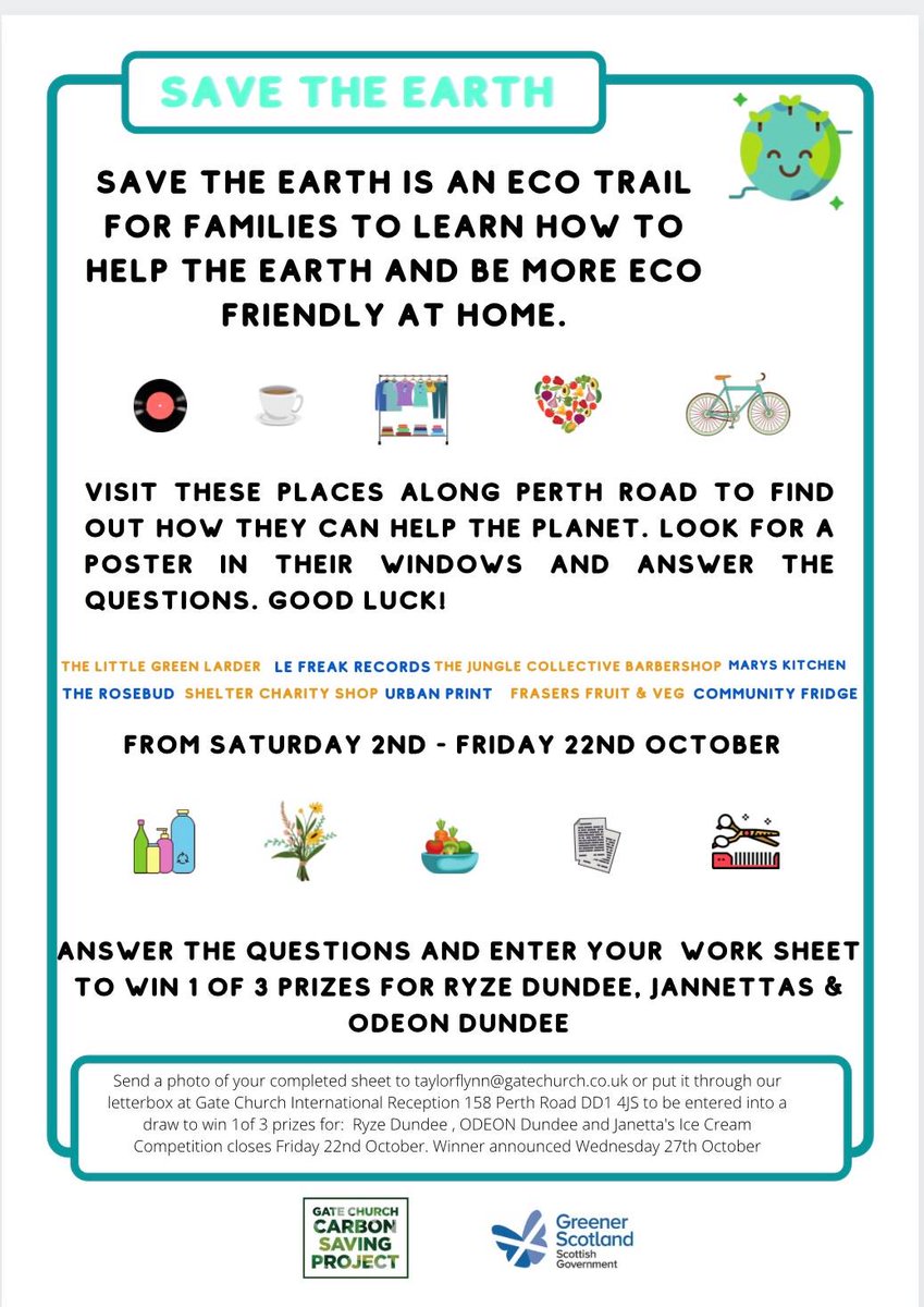 The Gate Church Carbon Saving Project created an eco trail along Perth Road for families as part of #DundeeCOP26 programme to learn how to help the earth and be more eco friendly at home. 

For more events to join visit: dundeecity.gov.uk/dundeeCOP26
#Dundee