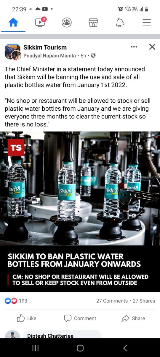 Sikkim Govt. Banned sale of plastic water bottles in the state. All the state and central govt. Shall also ban the sale of plastic water bottles.<a href="/JaladhikarF/">马莹</a> <a href="/myogiadityanath/">Yogi Adityanath</a> <a href="/PMOIndia/">PMO India</a>