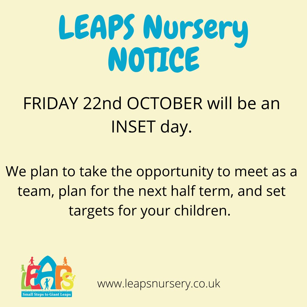 📢NOTICE: FRIDAY 22nd OCTOBER will be an INSET day at <a href="/LeapsNursery/">LEAPS Nursery</a> 

Hatchlands School will be taking the day as a bank holiday so the kitchen will not be open for us. 

🟠We plan to take the opportunity to meet as a team.