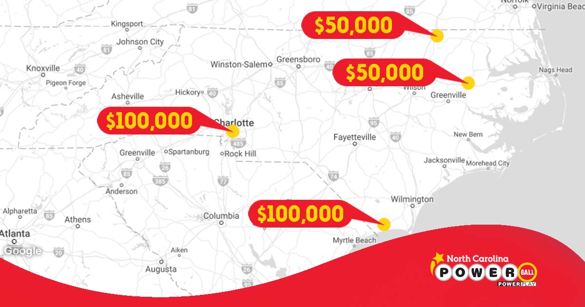 Congrats to the four #NCLottery winners who won in last night's Powerball! Two winners took home $100,000 each with tickets sold in #Charlotte and #SunsetBeach. Two additional winners took home $50,000 each with tickets sold in #Williamston and #PleasantHill. Check your tickets! https://t.co/5Ek17eQE9u