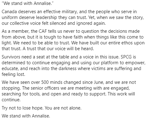 Survivor Perspectives Consulting Group (@survivor_group) on Twitter photo We stand with <a href="/annalisesharon/">Annalise Tower</a> .
#cndpoli #Military #survivorperspectives #CAF #CanadianForces We stand with <a href="/annalisesharon/">Annalise Tower</a> .
#cndpoli #Military #survivorperspectives #CAF #CanadianForces