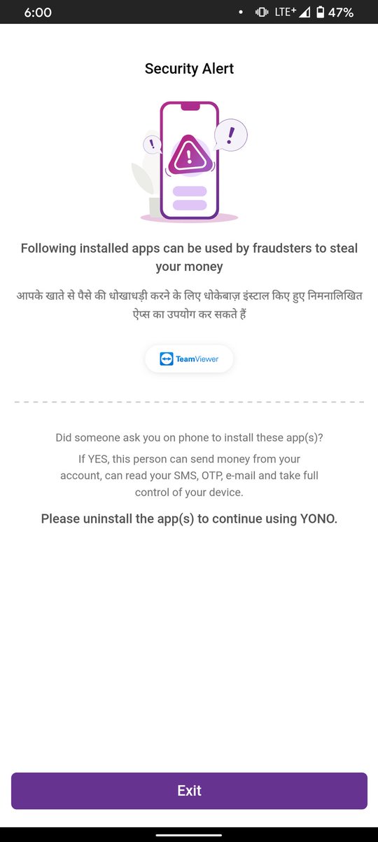 yazzpradzz's tweet photo. @TheOfficialSBI Who designed this? 😂

I mean the warning is fine (even @Paytm gives a warning), but completely blocking access? Do you realise that having @TeamViewer installed ≠ fraud? 🙄 https://t.co/gPTg5pBAo0