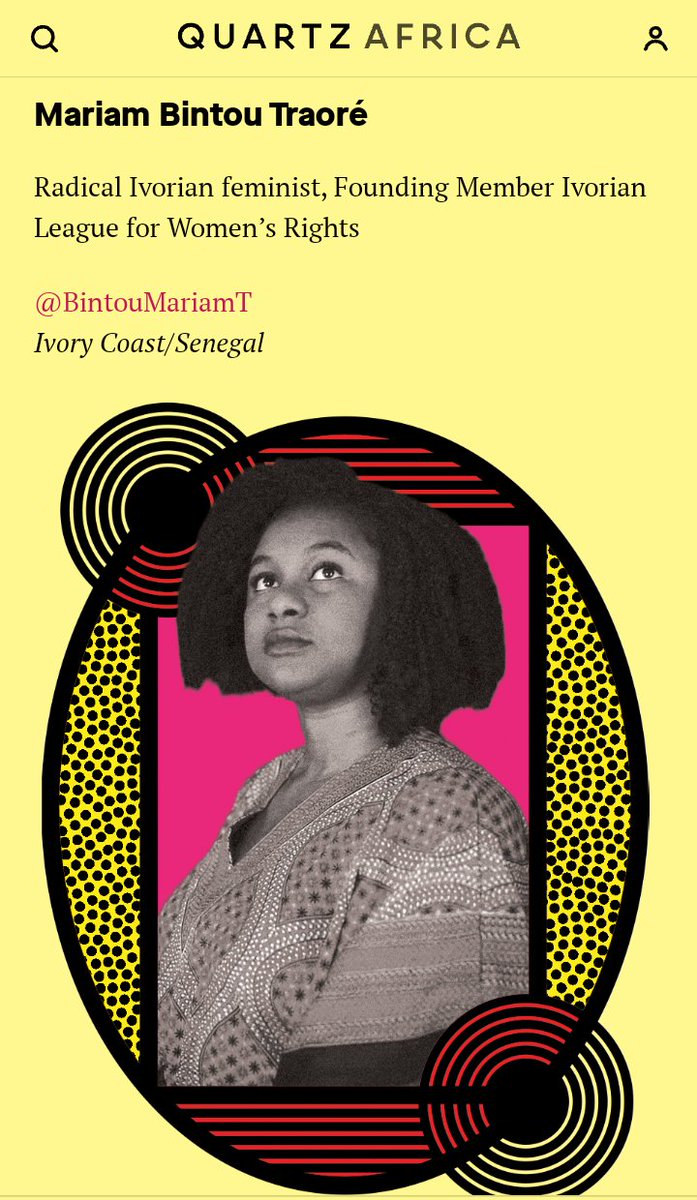 Je suis honorée d'être parmi les 12 femmes africaines reconnues par le média économique anglais <a href="/qzafrica/">Quartz Africa</a> comme innovatrice et leader de l’année 2021 ayant ouvert la voie à d'autres femmes. Fière de représenter mon pays 💪🇨🇮. Retrouvez la liste ici  qz.com/africa/2062305…